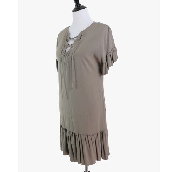 Michael Stars XS Ruffled Lace-up Mini Dress Short Sleeve Camo Green - Picture 1 of 11